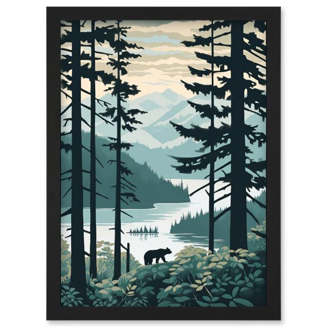 Artery8 Great Bear Rainforest Coastal Mountain Landscape Artwork Framed Wall Art Print A4 in Black - image 1