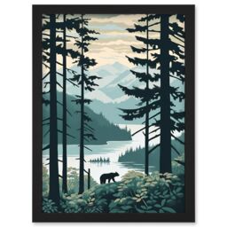 Artery8 Great Bear Rainforest Coastal Mountain Landscape Artwork Framed Wall Art Print A4 in Black - thumbnail 1