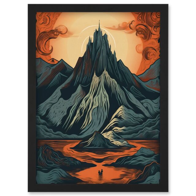 Artery8 Erebor The Lonely Mountain Landscape Illustration Artwork Framed Wall Art Print A4 in Black - image 1