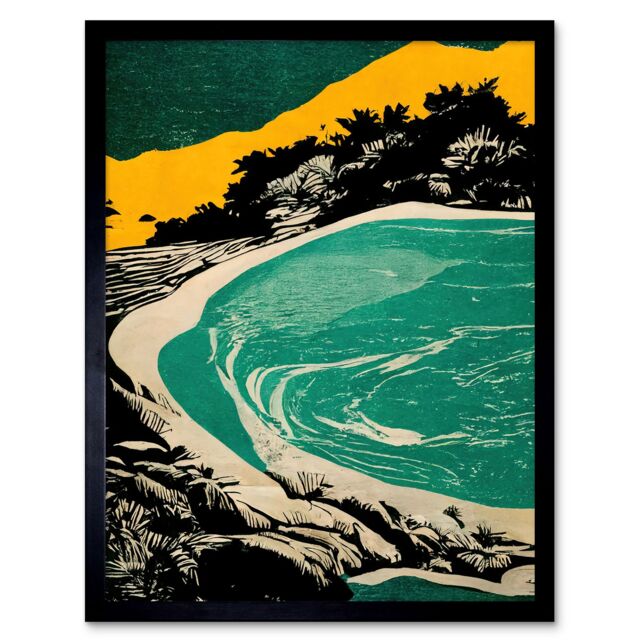 "Artery8 Wall Art Print Beach Lagoon Abstract Marbled Seascape Mustard Teal Art Framed in Black - Size: W12"" x H16""" - image 1