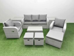 Fimous PE Rattan Garden Furniture Set Reclining Chair Sofa Lounge Sofa Set Oblong Coffee Table 2 Side Table 3 Stools Light Grey - thumbnail 2