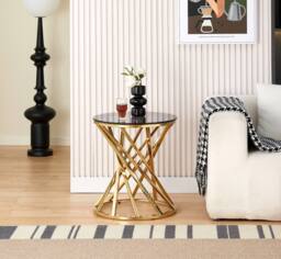Comfy Living Ltd Round Geometric Design Metal Side Table With Tinted Glass Tempered Top in Gold - Size: 1 Pack - thumbnail 7