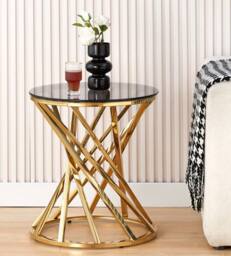 Comfy Living Ltd Round Geometric Design Metal Side Table With Tinted Glass Tempered Top in Gold - Size: 1 Pack