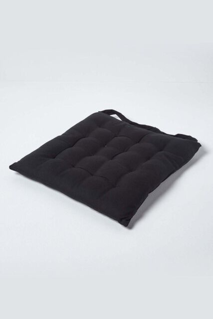 Homescapes Seat Pad Luxury 100% Cotton Indoor Outdoor Garden Cushion, Button Tie, 40cm in Black - image 1