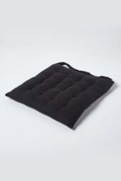 Homescapes Seat Pad Luxury 100% Cotton Indoor Outdoor Garden Cushion, Button Tie, 40cm in Black