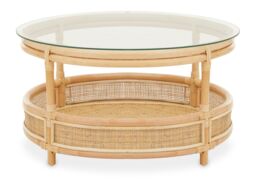 Orsina Elegant Rattan Coffee Table With Glass Top, Round Cane Furniture, Sturdy Outdoor Table, Stable Coffee Table in Natural