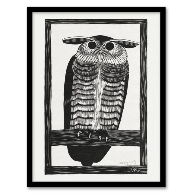Artery8 Samuel J De Mesquita Framed Wall Art Print Stylised Horned Owl in White - Size: A4 - image 1