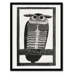 Artery8 Samuel J De Mesquita Framed Wall Art Print Stylised Horned Owl in White - Size: A4 - thumbnail 1