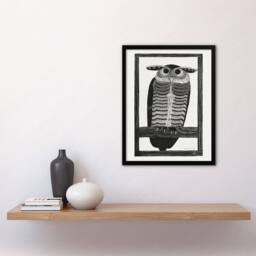 Artery8 Samuel J De Mesquita Framed Wall Art Print Stylised Horned Owl in White - Size: A4 - thumbnail 2
