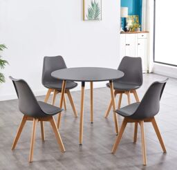 KOSY KOALA Round Kitchen Wooden Dining Table Set & 4 Padded Chairs in Grey - thumbnail 1