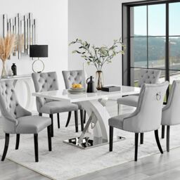 FurnitureboxUK Atlanta 6 White Dining Table & 6 Belgravia Black Leg Chairs in Grey