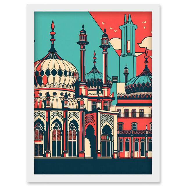 Artery8 Brighton's Royal Pavilion in Ivory Blue & Red Artwork Framed Wall Art Print A4 in White - image 1