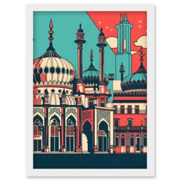 Artery8 Brighton's Royal Pavilion in Ivory Blue & Red Artwork Framed Wall Art Print A4 in White - thumbnail 1