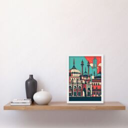 Artery8 Brighton's Royal Pavilion in Ivory Blue & Red Artwork Framed Wall Art Print A4 in White - thumbnail 2