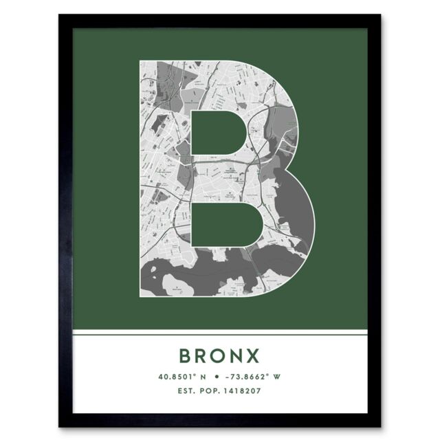 "Wee Blue Coo Wall Art Print The Bronx New York United States City Map Modern Typography Stylish Letter Framed Word in Green - Size: W12"" x H16""" - image 1
