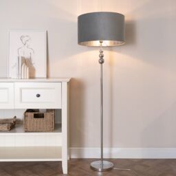 ValueLights Marissa Chrome Stacked Ball Floor Lamp with Grey Velvet with Chrome Shade & Bulb