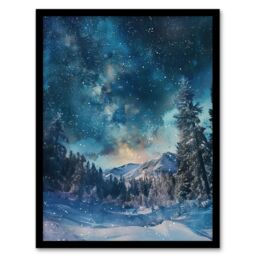 "Artery8 Night Snow Tranquil Forest Winter Landscape Stars Framed Art Print in Blue - Size: W12"" x H16""" - thumbnail 1