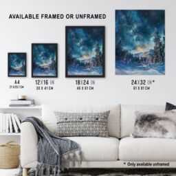 "Artery8 Night Snow Tranquil Forest Winter Landscape Stars Framed Art Print in Blue - Size: W12"" x H16""" - thumbnail 3