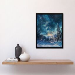 "Artery8 Night Snow Tranquil Forest Winter Landscape Stars Framed Art Print in Blue - Size: W12"" x H16""" - thumbnail 4