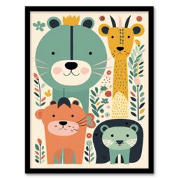 "Artery8 Wall Art Print Cute Zoo Animals Pastel Colour Graphic Artwork Jungle Forest Friends Kids Bedroom Painting Art Framed - Size: W12"" x H16""" - thumbnail 1
