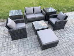 Fimous 5 Seater Outdoor Garden Furniture High Back Rattan Sofa Set with Square Coffee Table Big Footstool Dark Grey Mixed - thumbnail 2