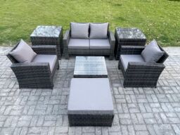Fimous 5 Seater Outdoor Garden Furniture High Back Rattan Sofa Set with Square Coffee Table Big Footstool Dark Grey Mixed - thumbnail 1