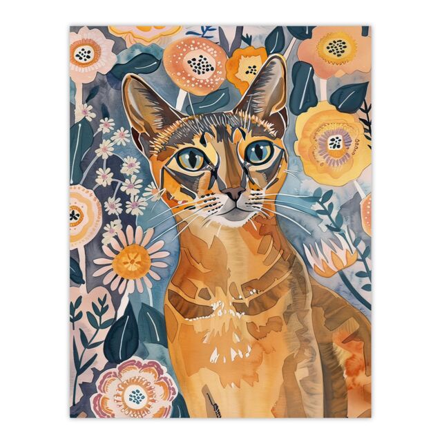 "Artery8 Cat Lover Abyssinian Floral Watercolour Folk Art Wall Art Print in Orange - Size: W24"" x H32""" - image 1