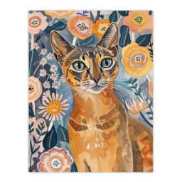 "Artery8 Cat Lover Abyssinian Floral Watercolour Folk Art Wall Art Print in Orange - Size: W24"" x H32""" - thumbnail 1