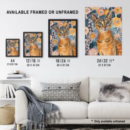 "Artery8 Cat Lover Abyssinian Floral Watercolour Folk Art Wall Art Print in Orange - Size: W24"" x H32""" - thumbnail 3