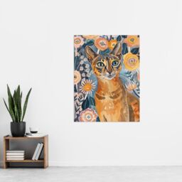 "Artery8 Cat Lover Abyssinian Floral Watercolour Folk Art Wall Art Print in Orange - Size: W24"" x H32""" - thumbnail 4