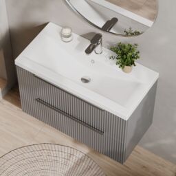 Balterley Fluted Wall Hung 2 Drawer Vanity Basin Unit & Basin 800mm - Satin Grey - thumbnail 3
