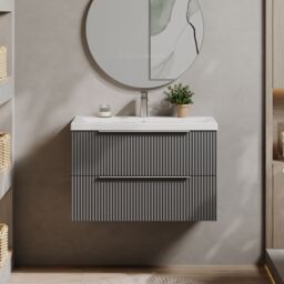 Balterley Fluted Wall Hung 2 Drawer Vanity Basin Unit & Basin 800mm - Satin Grey - thumbnail 2