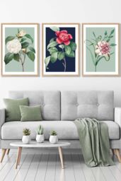 ARTZE Set of 3 Oak Framed Vintage Flowers Camellia Blue & Green Wall Art in Navy - Size: W33 cm x H45 cm x D20mm - thumbnail 1