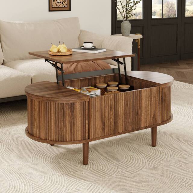 Merax Oval Lift-Top Fluted Coffee Table with Storage & Solid Wood Legs in Walnut - image 1