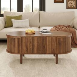 Merax Oval Lift-Top Fluted Coffee Table with Storage & Solid Wood Legs in Walnut - thumbnail 5