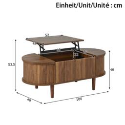Merax Oval Lift-Top Fluted Coffee Table with Storage & Solid Wood Legs in Walnut - thumbnail 2