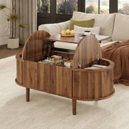 Merax Oval Lift-Top Fluted Coffee Table with Storage & Solid Wood Legs in Walnut - thumbnail 3