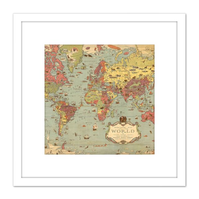 Artery8 Map Ernest Dudley Chase 1931 Mercator World Pictorial 8X8 Inch Square Wooden Framed Wall Art Print Picture with Mount in White - image 1