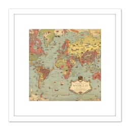 Artery8 Map Ernest Dudley Chase 1931 Mercator World Pictorial 8X8 Inch Square Wooden Framed Wall Art Print Picture with Mount in White - thumbnail 1