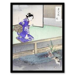 Artery8 Orchid Broken Plant Pot & Cat Japan Framed Wall Art Print Ogata Gekko in Purple - Size: A4 - thumbnail 1