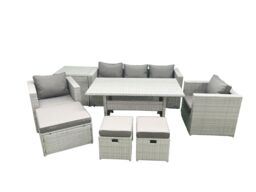 Fimous Garden Dining Set Outdoor Rattan Furniture Set with Sofa Dining Table 2 Chairs 3 Footstools Side Table Light Grey Mixed - thumbnail 1