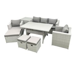 Fimous Garden Dining Set Outdoor Rattan Furniture Set with Sofa Dining Table 2 Chairs 3 Footstools Side Table Light Grey Mixed - thumbnail 2