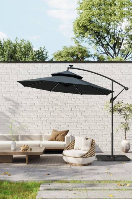 Garden Sanctuary Garden Double-Top Umbrella Parasol with Solar Lights & HDPE Base in Dark Grey - image 1