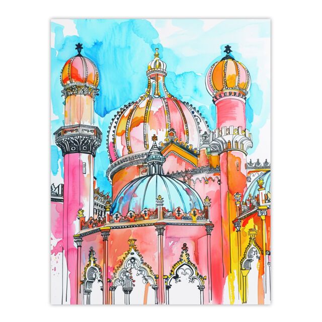 "Artery8 Colourful Brighton Royal Pavilion Watercolour Wall Art Print in Blue - Size: W18"" x H24""" - image 1