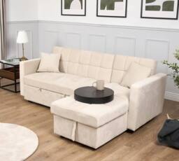 Bravich LTD Milo 3 Seater Velvet Corner Sofa Bed Pull Out Guest Bed with Storage in Cream - thumbnail 1