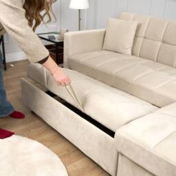 Bravich LTD Milo 3 Seater Velvet Corner Sofa Bed Pull Out Guest Bed with Storage in Cream - thumbnail 4