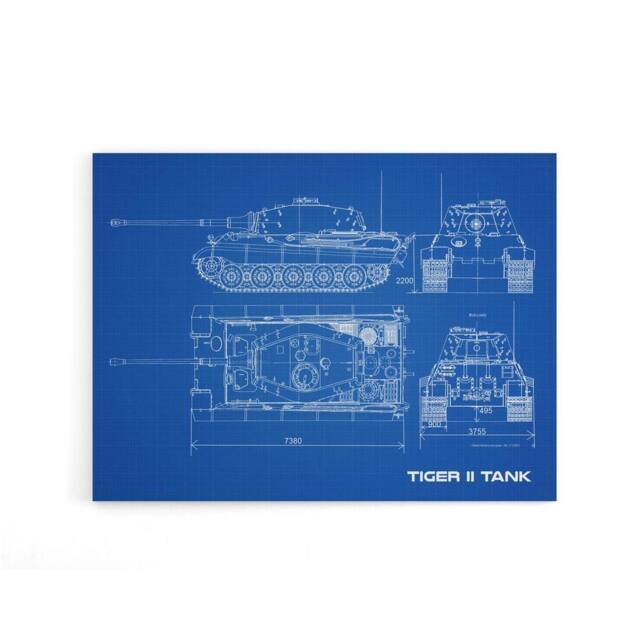 "Artery8 Tiger II German Heavy Tank Blueprint Plan Canvas Wall Art Print in Blue - Size: W24"" x H32""" - image 1
