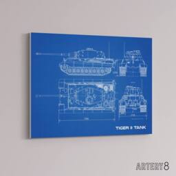 "Artery8 Tiger II German Heavy Tank Blueprint Plan Canvas Wall Art Print in Blue - Size: W24"" x H32""" - thumbnail 2