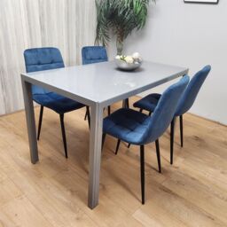 KOSY KOALA Modern Rectangle Grey Glass Dining Table Set With 4 Blue Velvet Chairs Dining Room Furniture in Brown