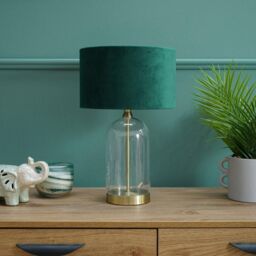 ValueLights Jessy Gold Glass Table Lamp With Forest Green Velvet Shade - thumbnail 1